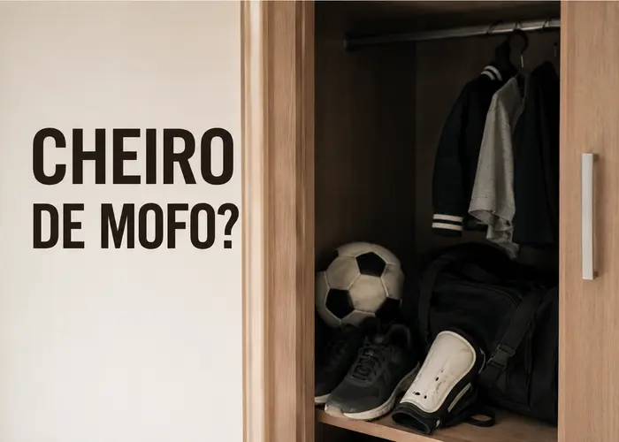Equipamentos esportivos guardados no armário com cheiro de mofo