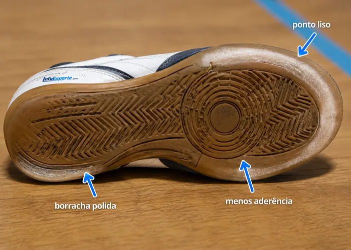 Pontos lisos na sola do tênis de futsal que podem reduzir a aderência
