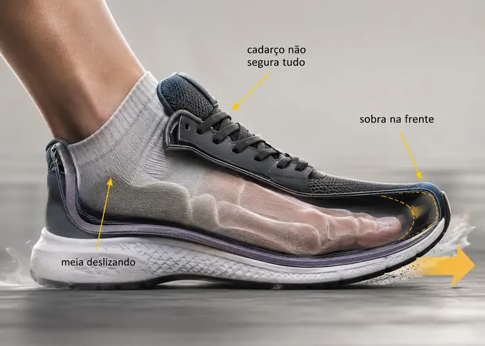Pé deslizando para frente dentro do tênis durante a freada