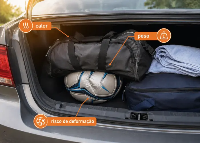 Bola esportiva pressionada por objetos dentro do porta-malas