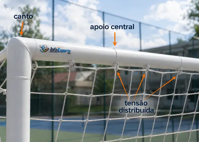 Pontos de fixação da rede do gol distribuídos na barra superior