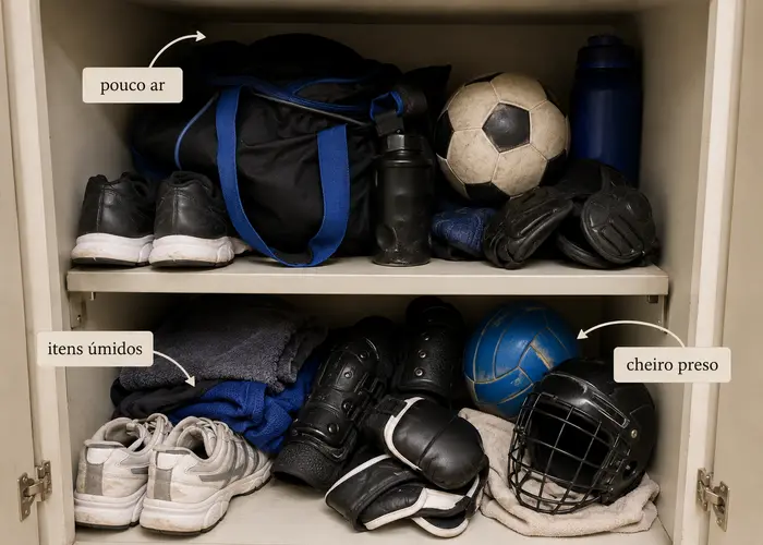 Armário com equipamentos esportivos sem ventilação suficiente