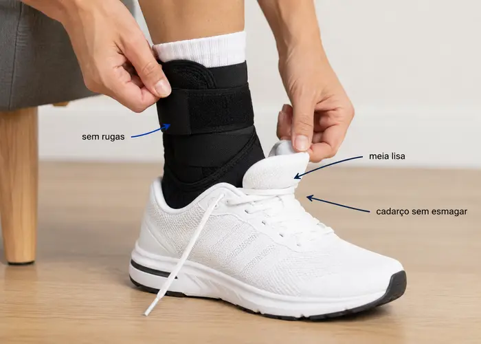 Ajuste correto da tornozeleira com meia e tênis esportivo