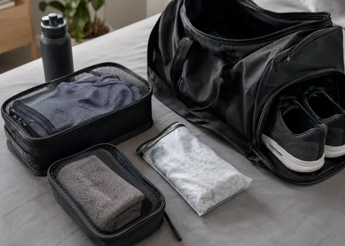Roupa suada e toalha úmida separadas antes de guardar na bolsa esportiva