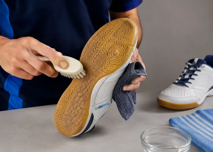 Limpeza da sola do tênis de futsal com pano úmido e escova macia