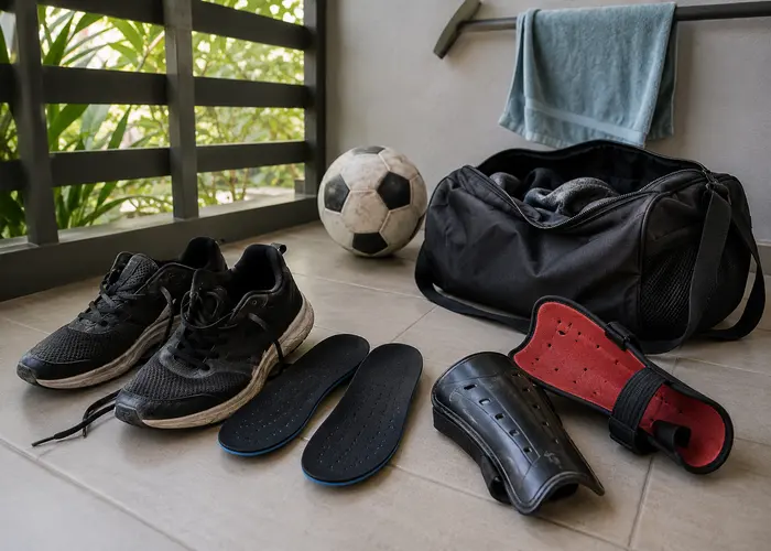 Equipamentos esportivos secando à sombra em local ventilado