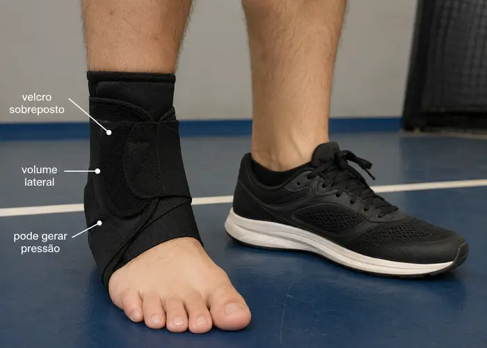 Tornozeleira com velcro criando volume lateral dentro do tênis