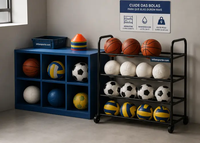 Bola esportiva guardada corretamente para não deformar